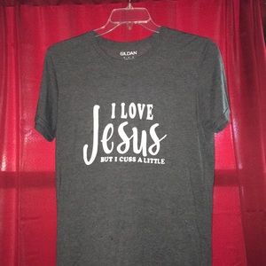 Grey with white writing t-shirt.